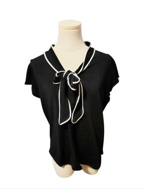 Adrianna Papell Deep Navy Blue and White Necktie Bow Blouse Size Medium